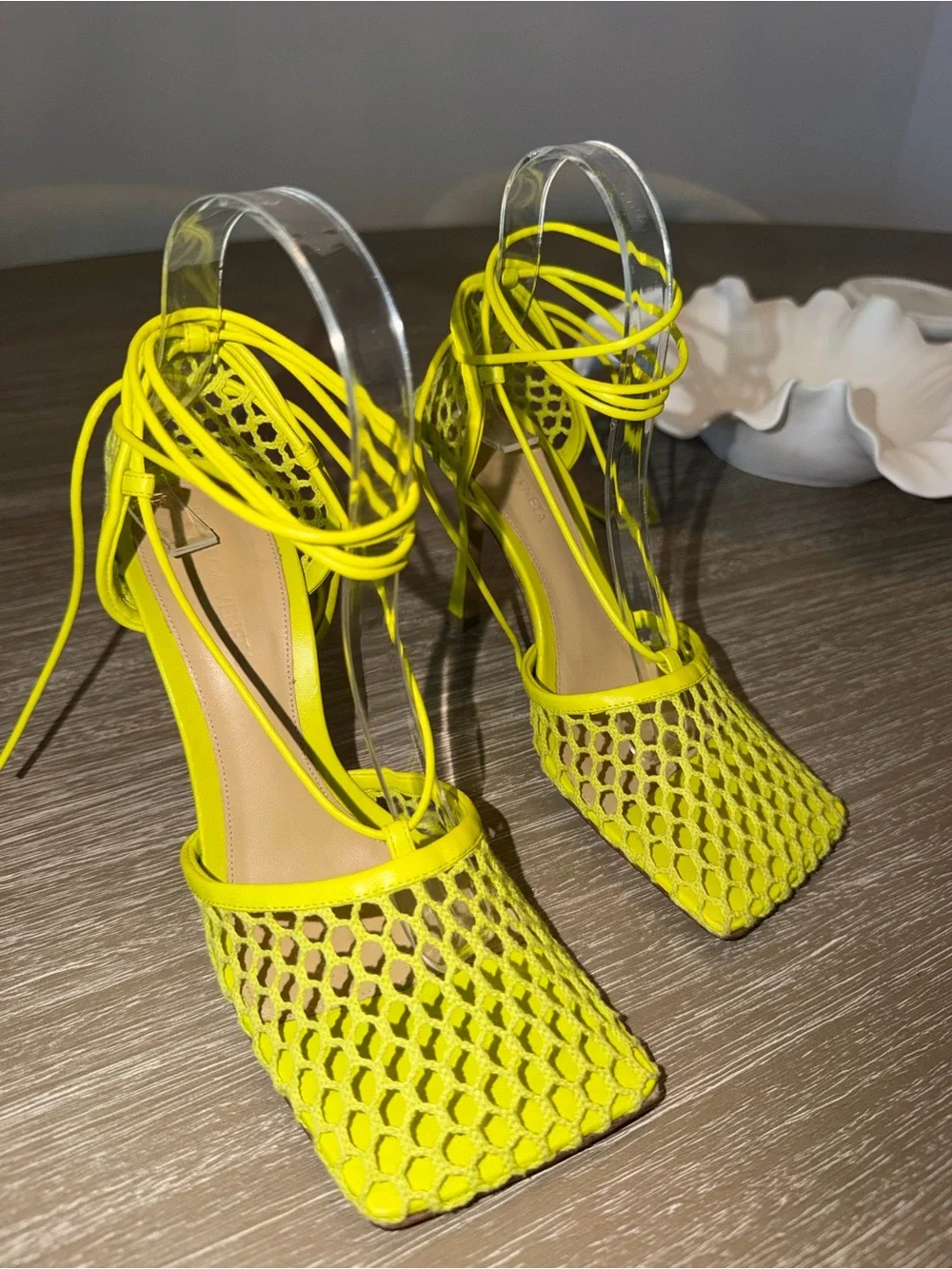 Bottega Veneta Acid Kiwi Lace-Up Mesh Heels